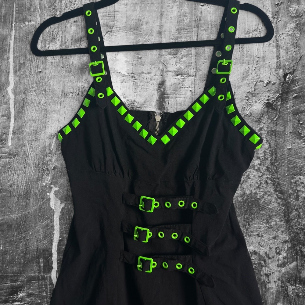 Dolls Kill The Grave Girls Sold Out Black Neon Green Studded Goth Mini Dress L - Picture 3 of 9